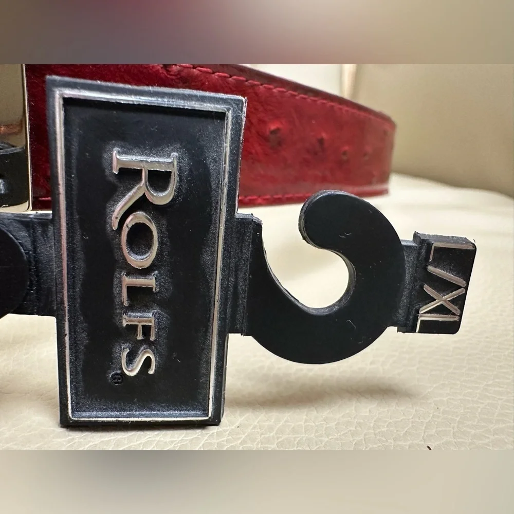 Rolfs Red Patent Leather Ostrich Quill Pattern Belt for Women L/XL Silver Buckle